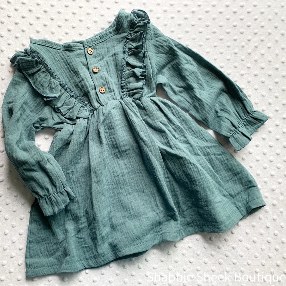 Girls 5T Teal Linen Cotton Long-sleeved Dress